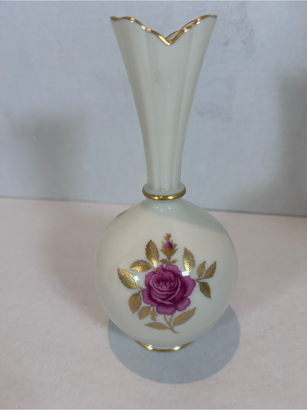 Royal Doulton Cream Vase with Pink Rose and Gold Accents